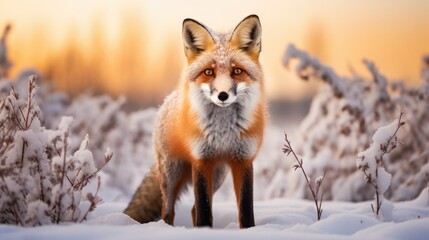 Snapshot of a curious red fox in a snow-covered landscape, with a contrasting backdrop of a delicate rose pink 