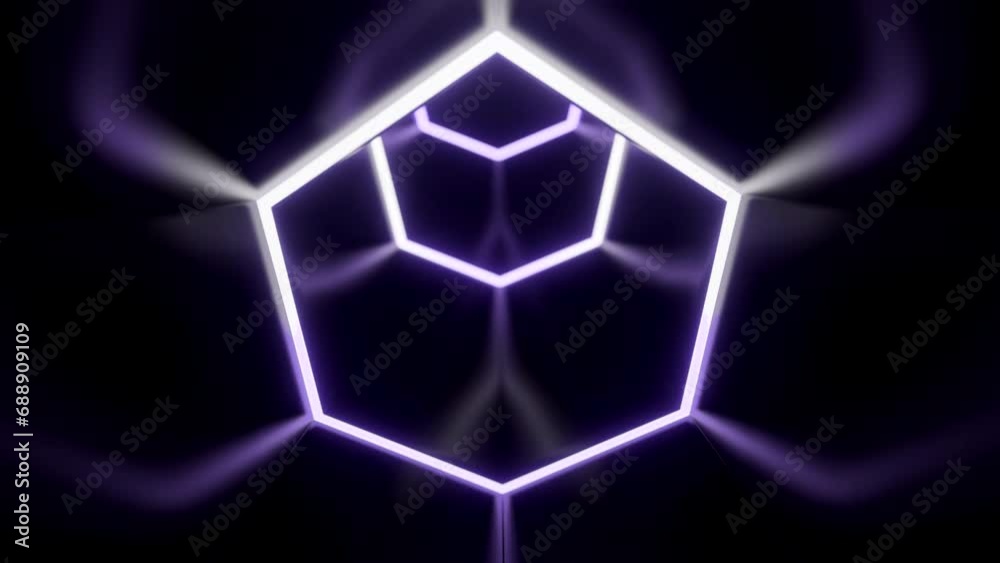 Poster flying inside dark virtual tunnel with neon hexagonal grid. design. bright neon grid of hexagons in 