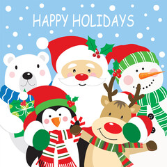 Obraz na płótnie Canvas christmas card with santa, reindeer, penguin, snowman and polar bear