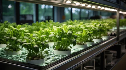 Deurstickers Indoor greenhouse agriculture farm factory produce organic fresh salad hydroponic vegetable for food factory. Agriculture farming technology for control water light and nutrient for growing greenhouse © pitipat