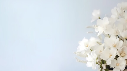 delicate white bouquet of flowers on milky background with copy space. mockup for wedding invitation or congratulations on women's day