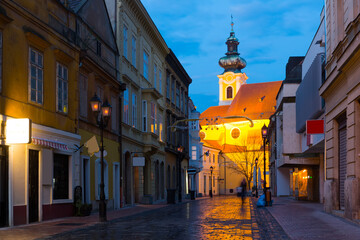 Photo of night streets in hungarian city Gyor outdoor.