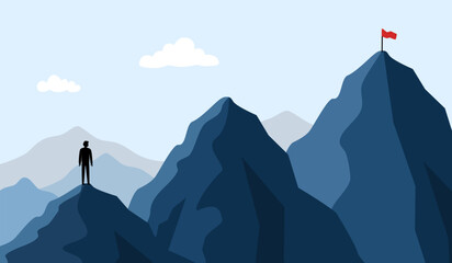 Man walking to the success flag on top of the mountain in flat design. Symbol of the startup, business finance, achievement and leadership concept vector illustration. - obrazy, fototapety, plakaty