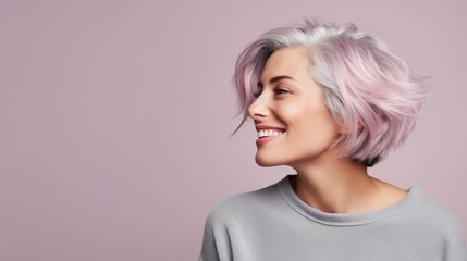 Gorgeous middle-aged woman. Beautiful portrait of a woman, with gray hair and bob hairstyle, advertising anti-aging lifting facial products on a plain background, space for text.