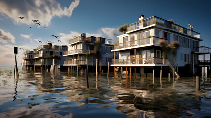 Fototapeta na wymiar Residential buildings that can float on water provide