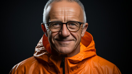 portrait of a old man in orange jacket
