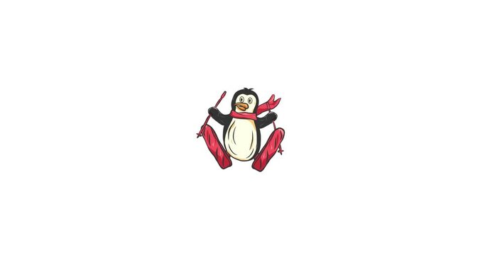animation of penguin skiing with scarf in winter