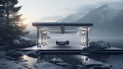 Modern designer pavilion at the lakeshore. Recreation area, comfortable veranda with armchairs and table in a beautiful remote area near mountains. Contemporary architecture. - obrazy, fototapety, plakaty