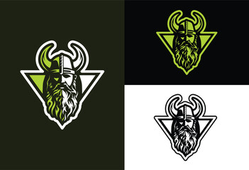 Vikings logo design. Nordic warrior symbol. Horned Norseman emblem. Barbarian man head icon with horn helmet and beard - obrazy, fototapety, plakaty