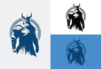Vikings logo design. Nordic warrior symbol. Horned Norseman emblem. Barbarian man head icon with horn helmet and beard - obrazy, fototapety, plakaty