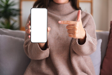 Closeup image of a woman holding, showing and pointing finger at a mobile phone with blank white...