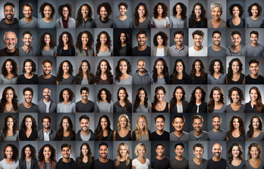 Many Headshots of a smiling men and women of all ages on a gray background looking at the camera - obrazy, fototapety, plakaty