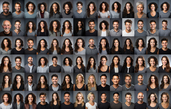 Fototapeta Many Headshots of a smiling men and women of all ages on a gray background looking at the camera
