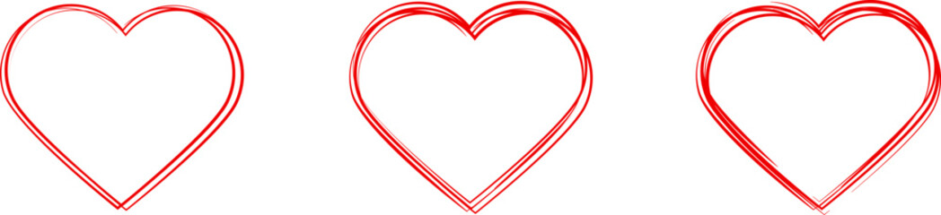 Heart line art drawing. Hand drawn red heart isolated on white background. Heart sketch doodle. One line hearts. Love symbol collection continuous line.