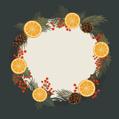 Świąteczna ramka z plastrami pomarańczy, gałązkami choinki, szyszkami i czerwonymi jagodami. Zimowa kompozycja. - obrazy, fototapety, plakaty