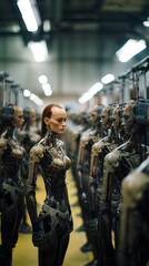 Fototapeta premium Intimidating female cyborg android oversees robot assembly, Evoking 'I, Robot' or Borg vibes