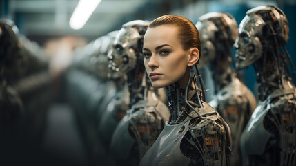 A futuristic female android with a robotic assembly line in the background