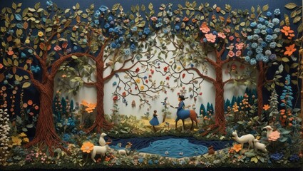 "Enchanting Arboreal Symphony: Marie-Suzanne Giroust's Beaded and Yarn Folk Art Masterpiece"