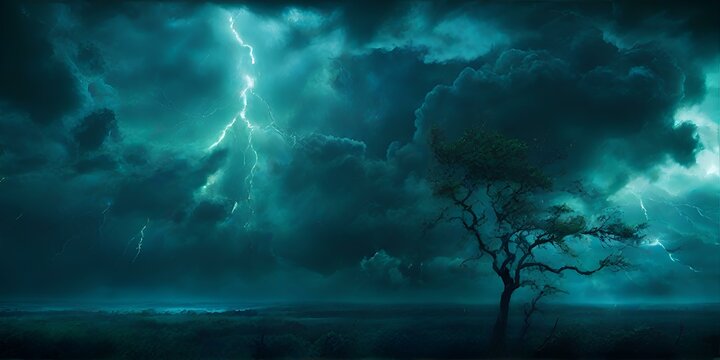 Black Dark Greenish Blue Dramatic Night Sky. Gloomy Ominous Storm Rain Clouds Background