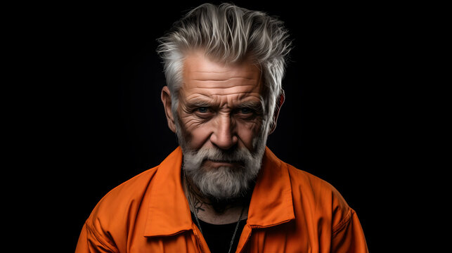 Grizzled elderly Caucasian man in orange prison uniform, intense and serious
