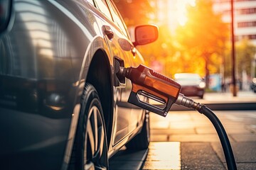 The car is at a gas station with a refueling hose inserted into the tank. Generated by AI. - obrazy, fototapety, plakaty