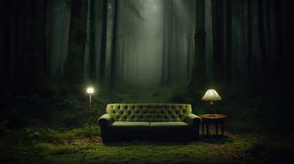 Old green sofa and lamps in the middle of a dark misty forest. Eerie trees in twilight, mysterious atmosphere. Furniture placed outdoors.
