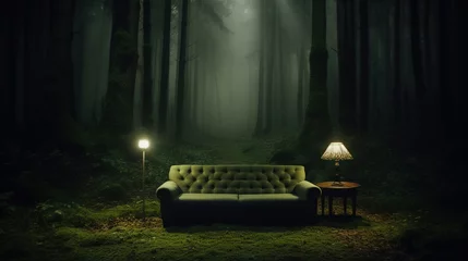  Old green sofa and lamps in the middle of a dark misty forest. Eerie trees in twilight, mysterious atmosphere. Furniture placed outdoors. © Studio Light & Shade