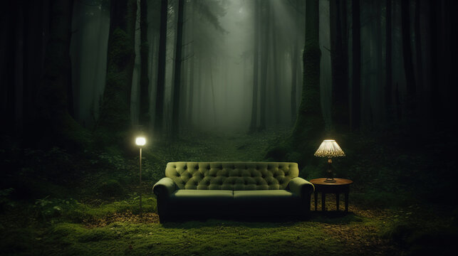Old green sofa and lamps in the middle of a dark misty forest. Eerie trees in twilight, mysterious atmosphere. Furniture placed outdoors.