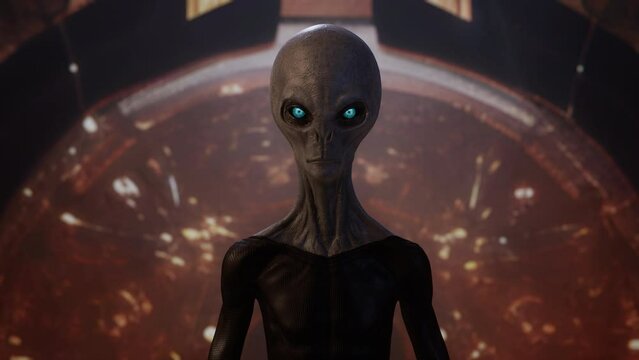 An alien looks into the camera and stands in a science fiction setting
