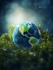 Obraz na płótnie Canvas homepage background, carbon footprint, green earth, left side is blurred, generative ai