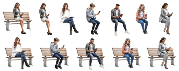 ベンチに座ってスマホを見る人々切抜き素材集2（背景透過）