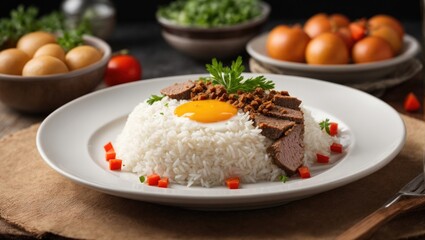 "Chicken Curry Delight on White Plate with Rice and Meat"