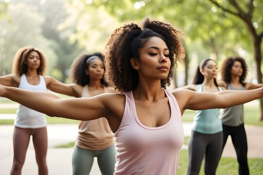 Group of multiethnic women stretching arms outdoors. Yoga class doing breathing exercises at the park. Beautiful fit women doing breath exercises together with outstretched arms, AI-generated image