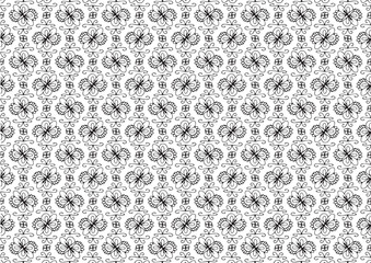 A seamless pattern of delicate black and white flowers in various shapes and sizes, some open and some in bud, intricately detailed against a plain white background.