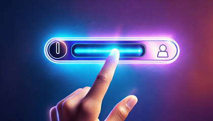 Hand touch digital hud interface futuristic technology background of virtual computer screen display ui future concept or cyber communication hologram and innovation internet system, AI generative - obrazy, fototapety, plakaty