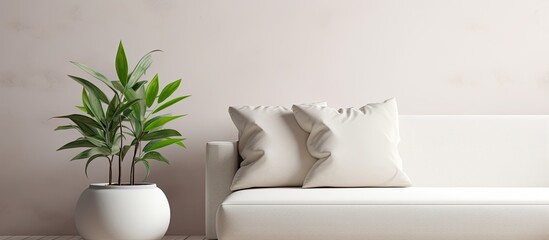 White vase-plant on round table with sofa and pillows in living room.