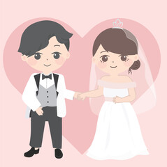 bride and groom with rings, a pair of cute cartoon couple with a heart