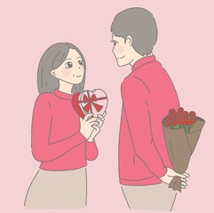 cartoon couple handing each other gifts