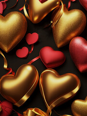 Fototapeta premium Golden hearts valentines day background, Generative Ai