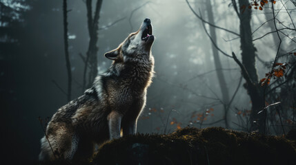 Gray wolf howling in the dark misty woods