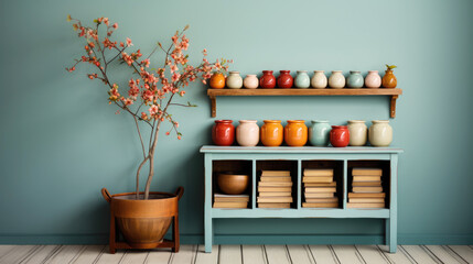 Interior of a teal wall in a country farmhouse with bookshelf and pottery in earth tone colors