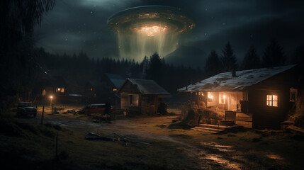 Mysterious UFO Hovers Above Rural Farmhouse at Midnight - obrazy, fototapety, plakaty