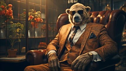 A bear portrait wearing a smart business outfit..