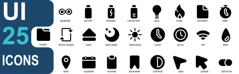 user interface icon set. contains battery, charging, bulb, clock, moon, folder, file, wifi, cursor, map. icon style black solid. vector collection for web, app and others.