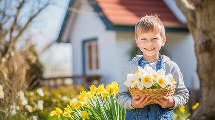 Happy boy holds a basket of spring flowers In the joyous spirit of Easter, surrounded by blossoms in front of the house.