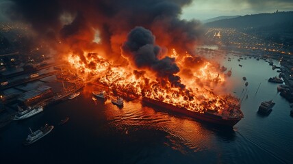 aerial shot of a port tanker fire.. - obrazy, fototapety, plakaty