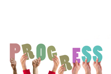 Digital png illustration of hands holding progress text on transparent background