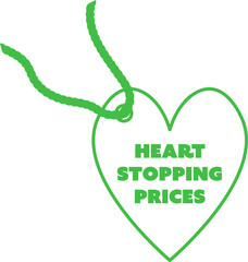 Digital png illustration of heart stopping prices text on green heart tag on transparent background
