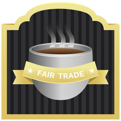 Digital png illustration of fair trade text on banner and cup of tea on transparent background