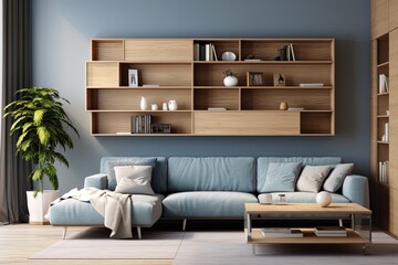 Interior of a living room with book shelf, blue sofa, wooden floor and table.  Created with Ai